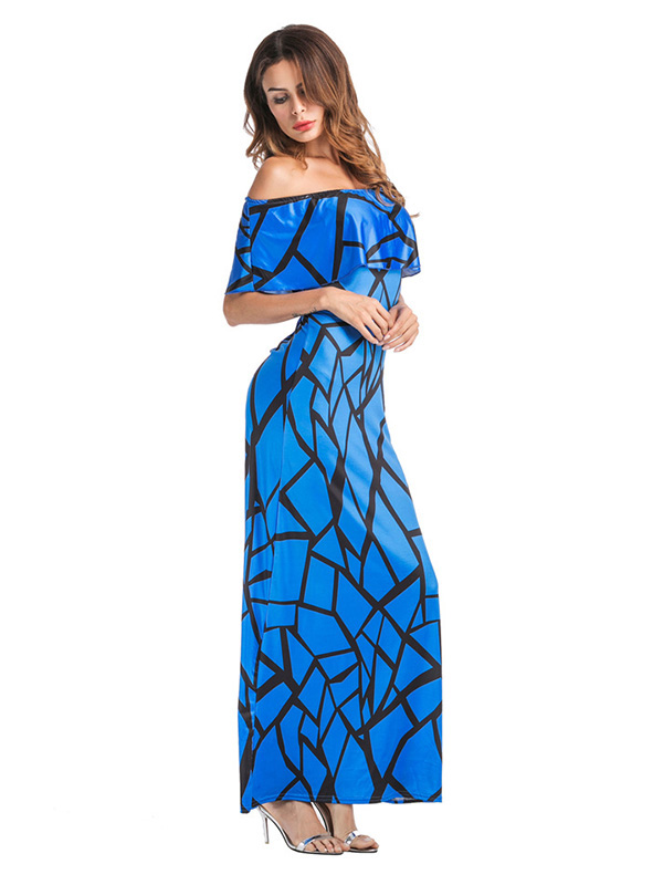 Blue Falbala Design Ankle Length Maxi Dress