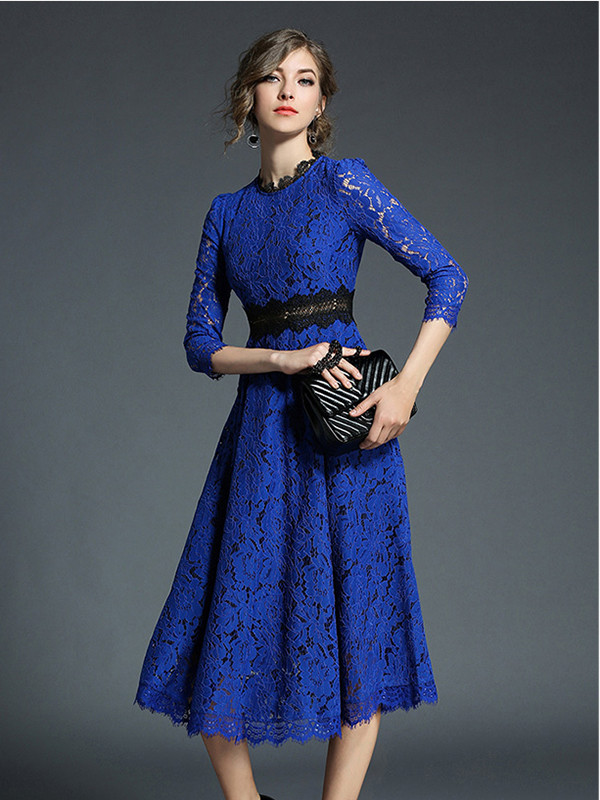 Blue Flower Crochet Hollow Out Patchwork Dress