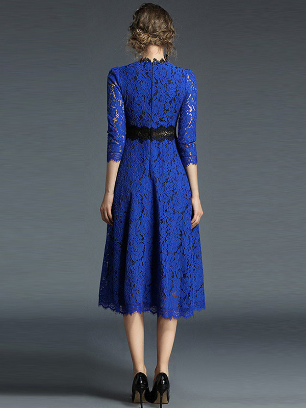 Blue Flower Crochet Hollow Out Patchwork Dress