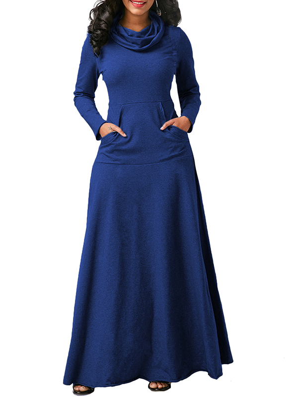 Blue Long Sleeve Cowl Neck Maxi Dress
