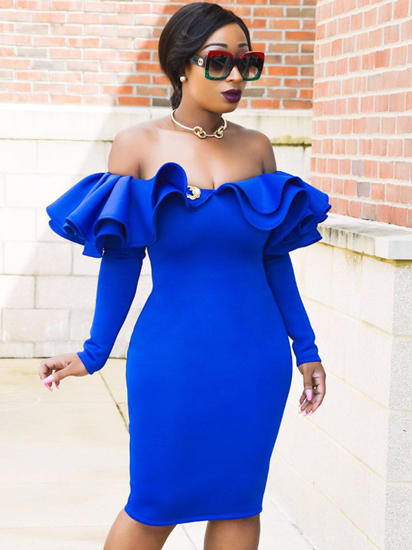 Blue M-XXL Sexy Bateau Neck Midi Dress