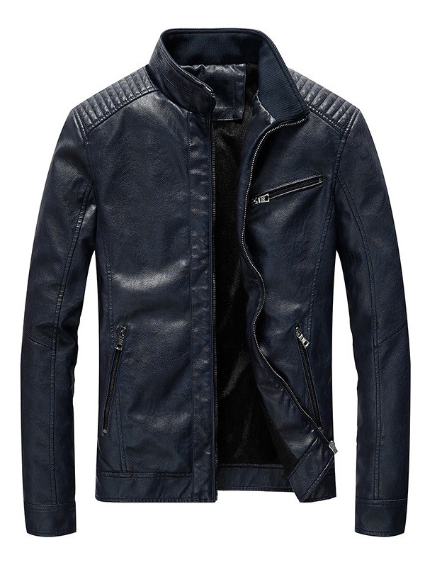 Blue Mens Leather and Faux Leather Coat