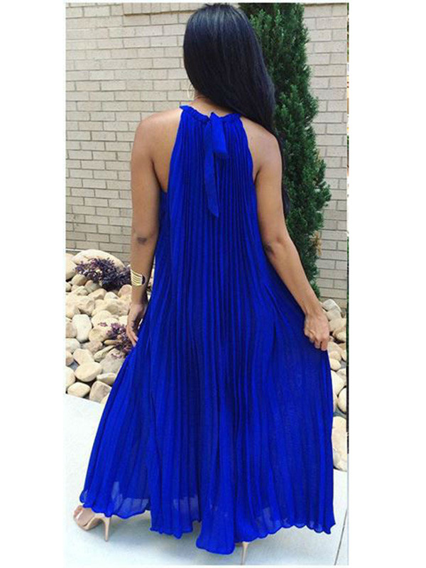 Blue Round Neck Dew Shoulder Sleeveless Maxi Dress