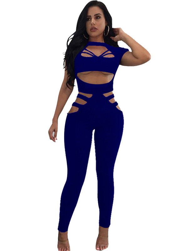 Blue Round Neck Hollow-out Jumpsuits 