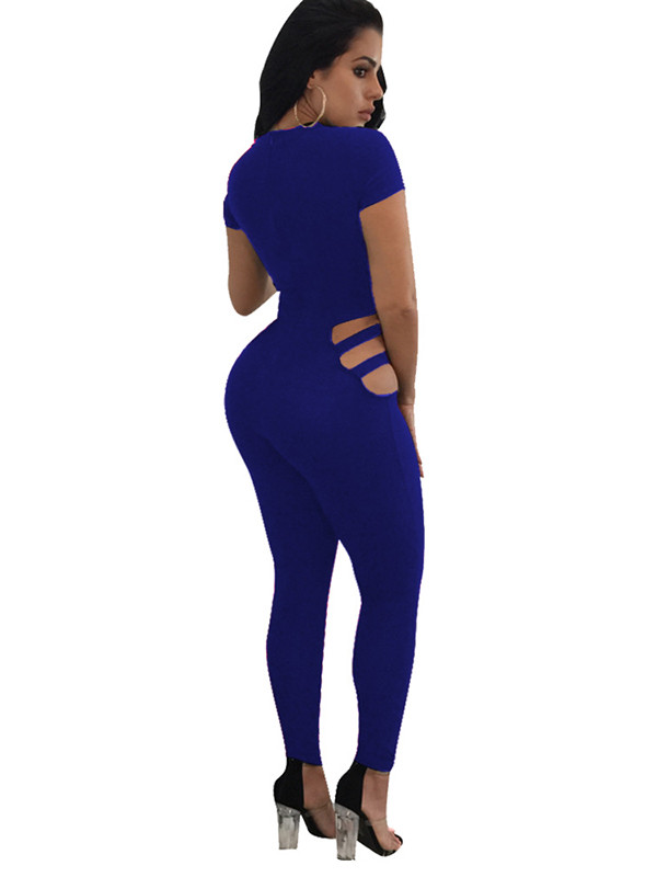 Blue Round Neck Hollow-out Jumpsuits 
