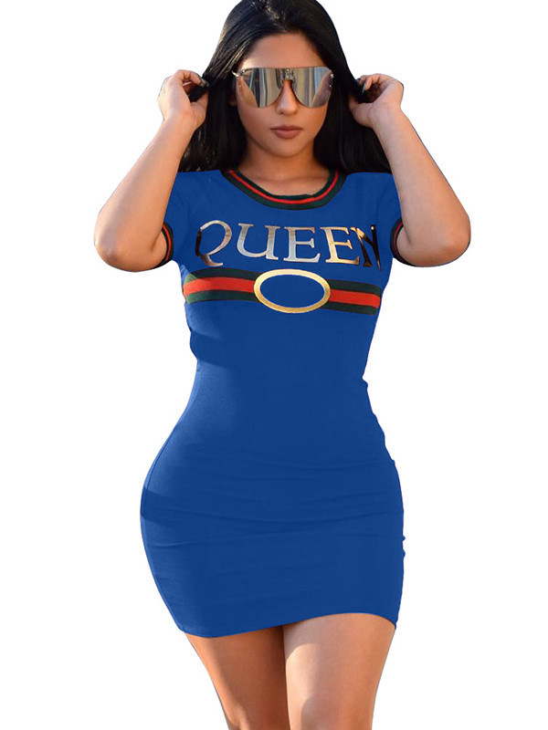 Blue Round Neck Letters Printed Casual Dress