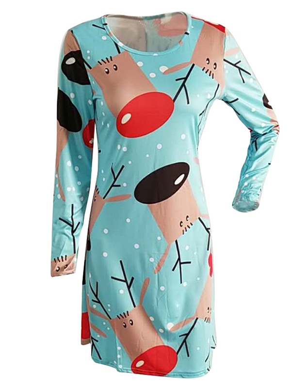 Blue Round Neck Long Sleeves Polyester Printed Casual Dress