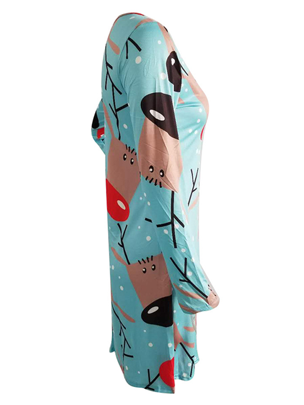 Blue Round Neck Long Sleeves Polyester Printed Casual Dress