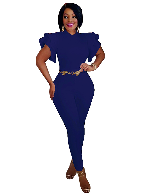 Blue Round Neck Lotus Leaf Sleeves Jumpsuits