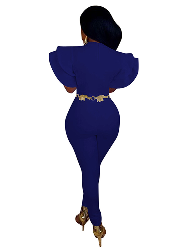 Blue Round Neck Lotus Leaf Sleeves Jumpsuits