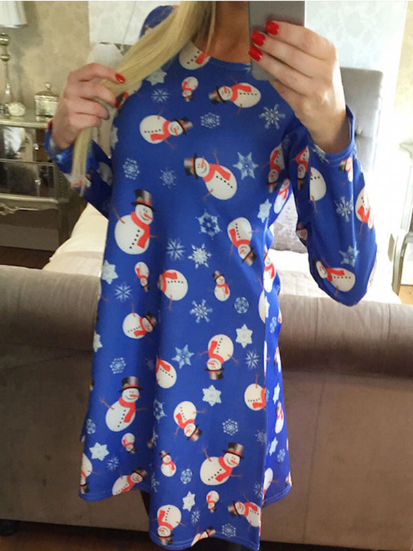 Blue Round Neck Printed Blue Casual Dress 