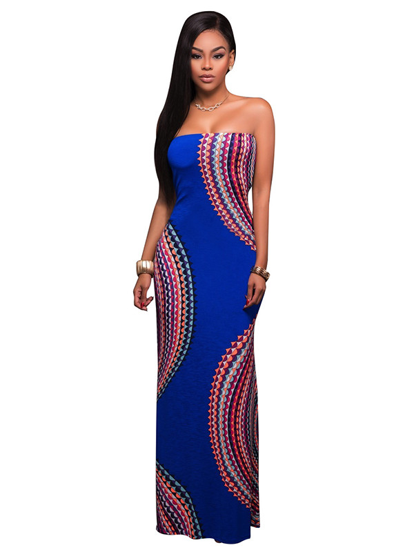 Blue Round Neck Sleeveless Printed Backless Dress