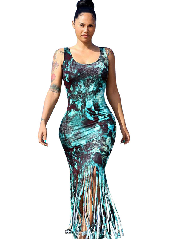 Blue Round Neck Tassel Ankle Length Maxi Dress 