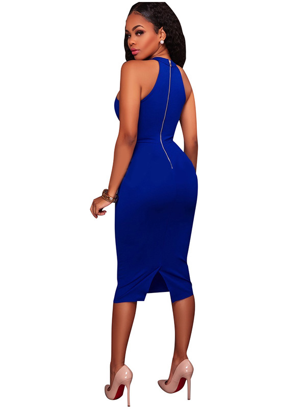 Blue S-XL Sexy Scoop Neck Zipper Midi Dress