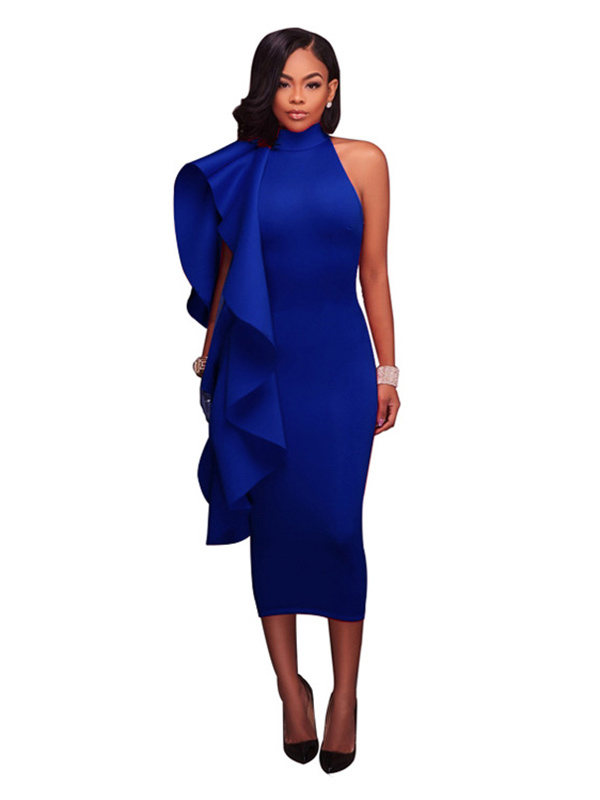 Blue S-XXL Back Zipper Maxi Dress