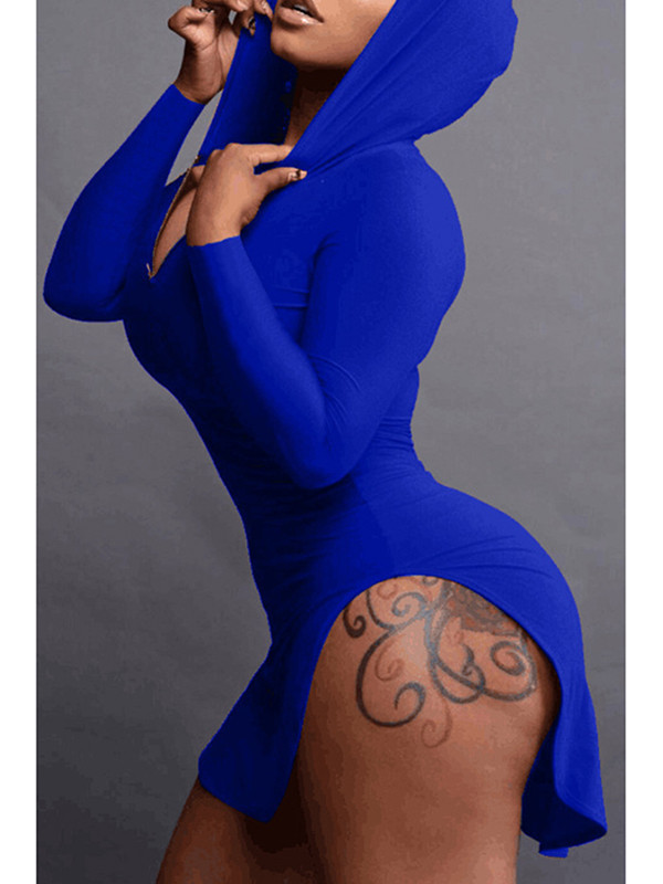 Blue Sexy Hooded Collar Irregular Casual Dress 