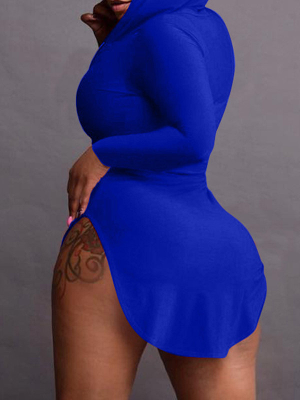 Blue Sexy Hooded Collar Irregular Casual Dress 