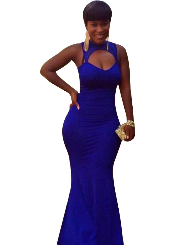 Blue Sexy Round Neck Hollow-out Maxi Dress