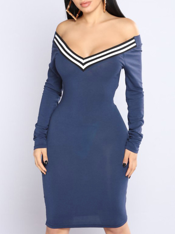 Blue Sexy V Neck Cap Sleeves Striped Midi Dress 