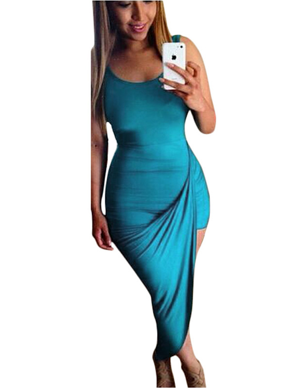 Blue Sleeveless Pleated Asymmetrical Maxi Dress  