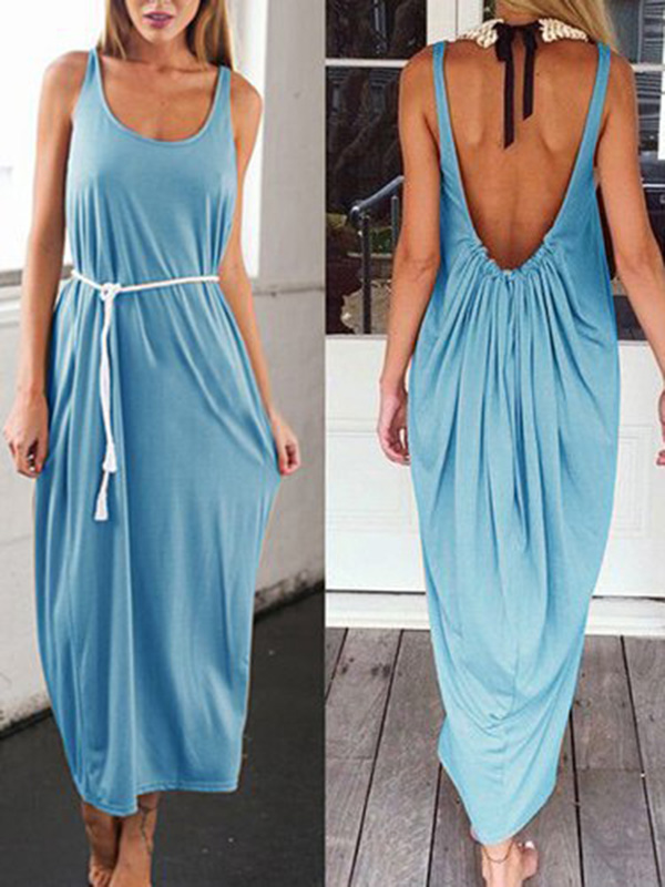 Blue Spaghetti Strap Sleeveless Casual Dress