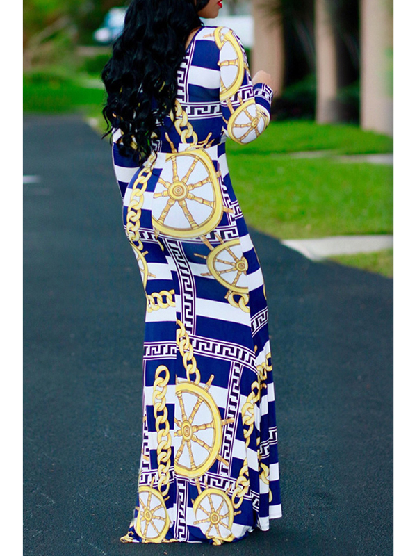 Blue Stylish Round Neck Printed Maxi Dress