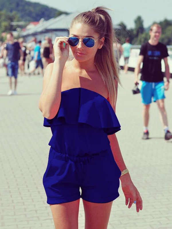 Blue Stylish Strapless Falbala One-piece Jumpsuits