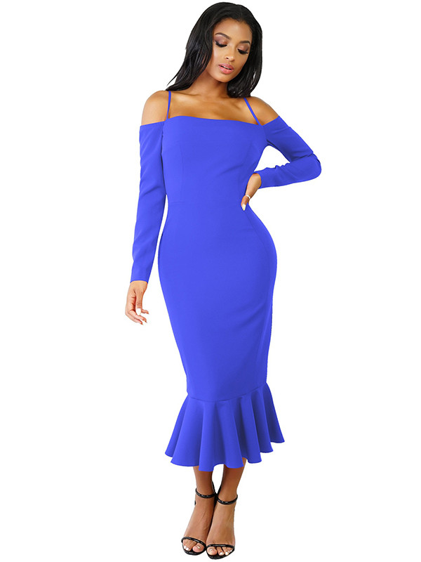 Blue Trendy Falbala Design Sheath Dress 