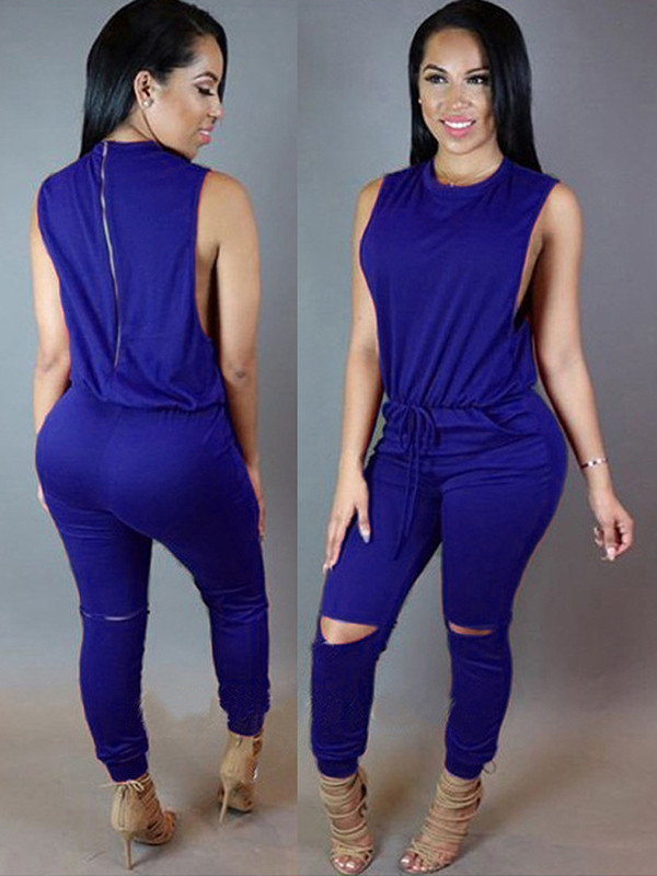 Blue Trendy Tank Sleeveless Zipper Jumpsuits 