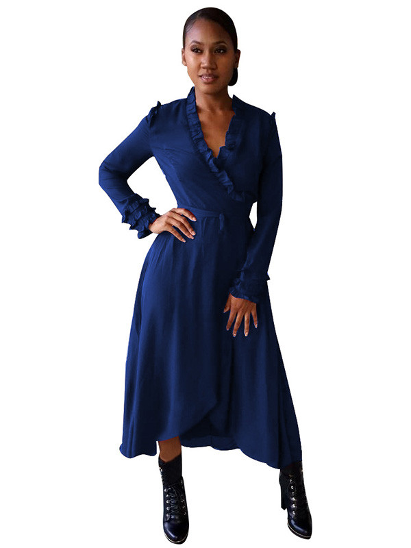 Blue Trendy V Neck Falbala Design Midi Dress