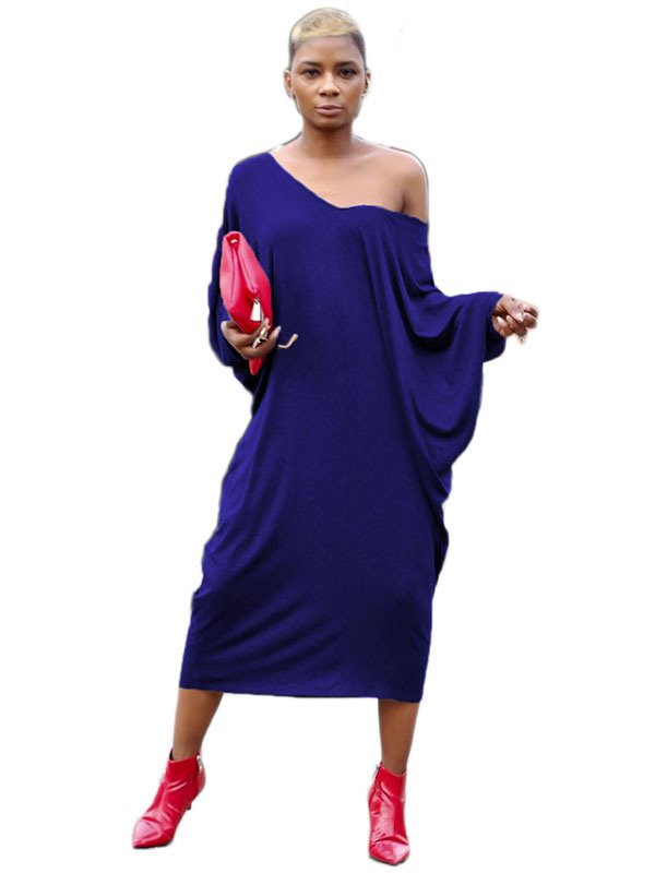 Blue V Neck Hollow-out Casual Dress
