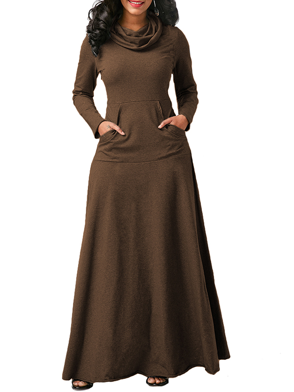 Brown Long Sleeve Cowl Neck Maxi Dress