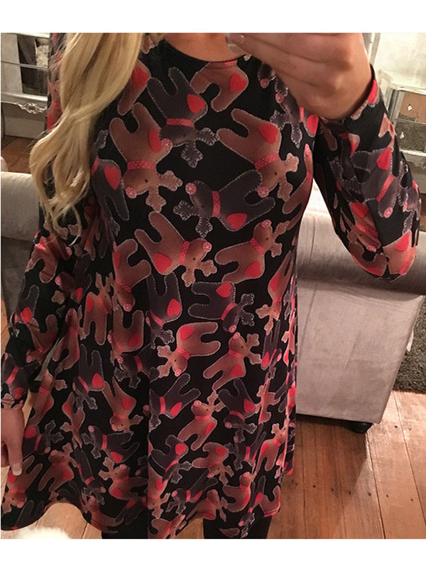 Brown Round Neck Printed Blue Casual Dress 