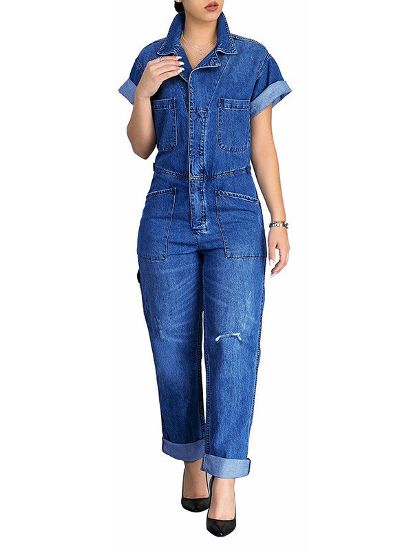 Casual Turndown Collar Blue Denim Jumpsuits