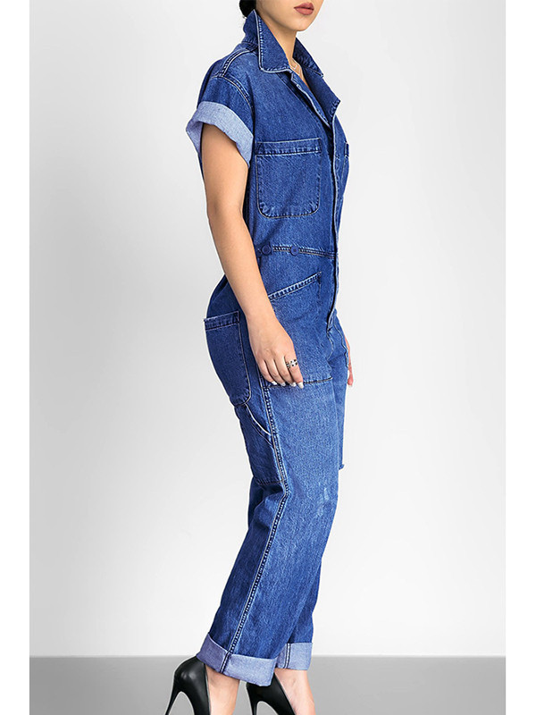 Casual Turndown Collar Blue Denim Jumpsuits
