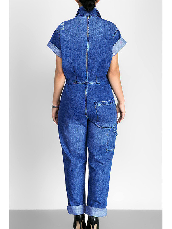Casual Turndown Collar Blue Denim Jumpsuits