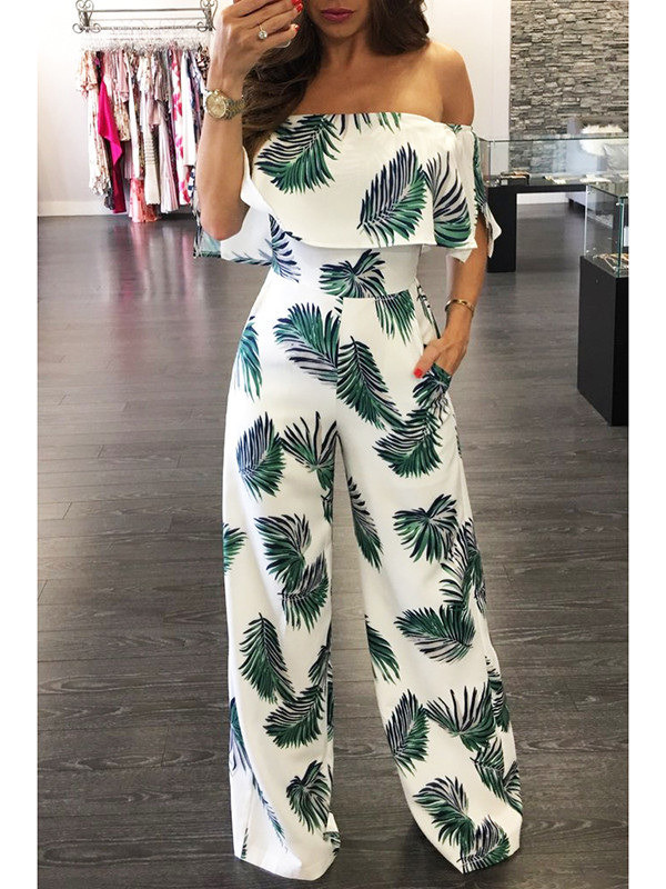 Green Dew Shoulder Print White Milk Jumpsuits