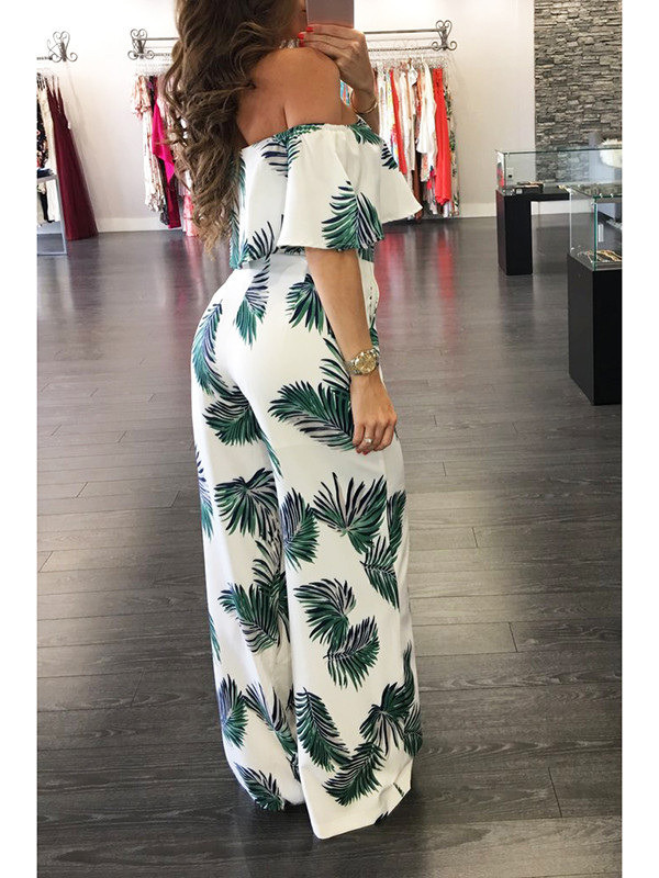 Green Dew Shoulder Print White Milk Jumpsuits