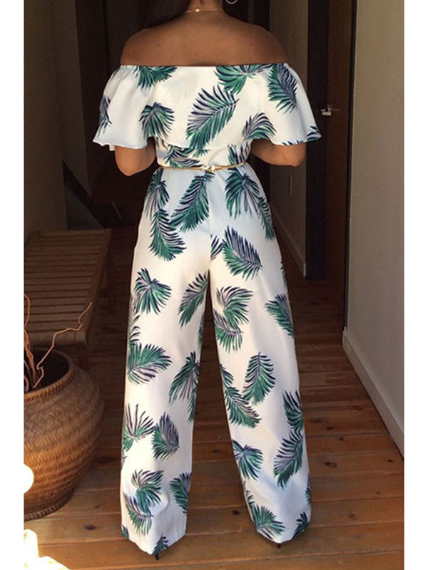 Green Dew Shoulder Print White Milk Jumpsuits