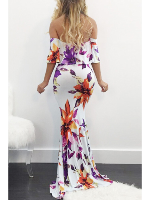 Charming Dew Shoulder Printed White Maxi Dress 