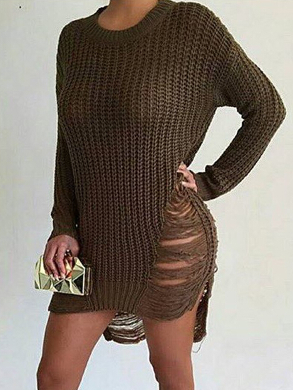 Chic Boat Neck  Broken Holes Brown  Mini Dress