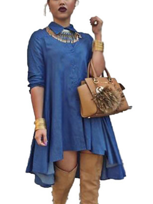 Cotton Casual Turndown  A Line Mid Calf Dresses 