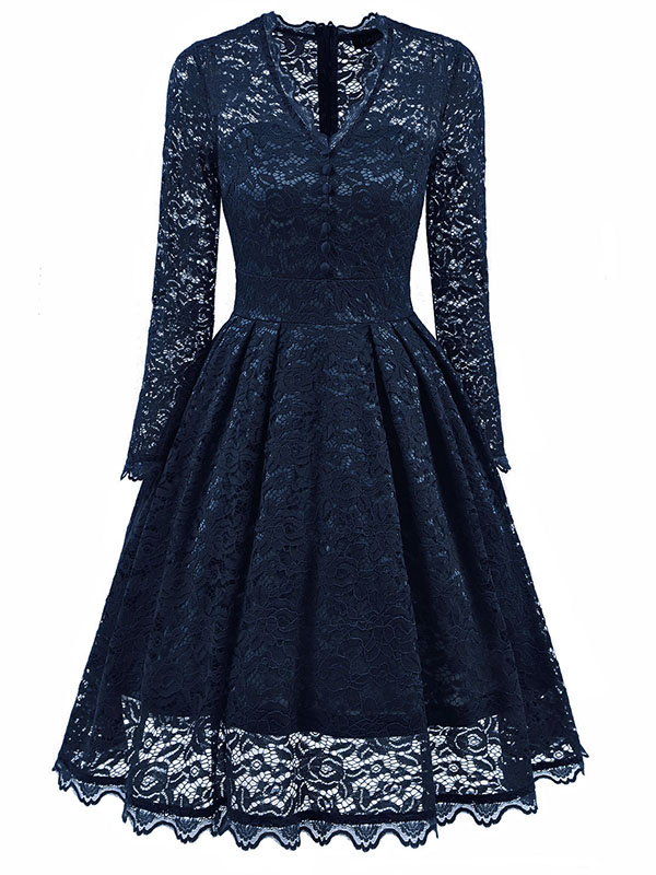 Dark Blue Fashion Lace Trim Patchwork Dress