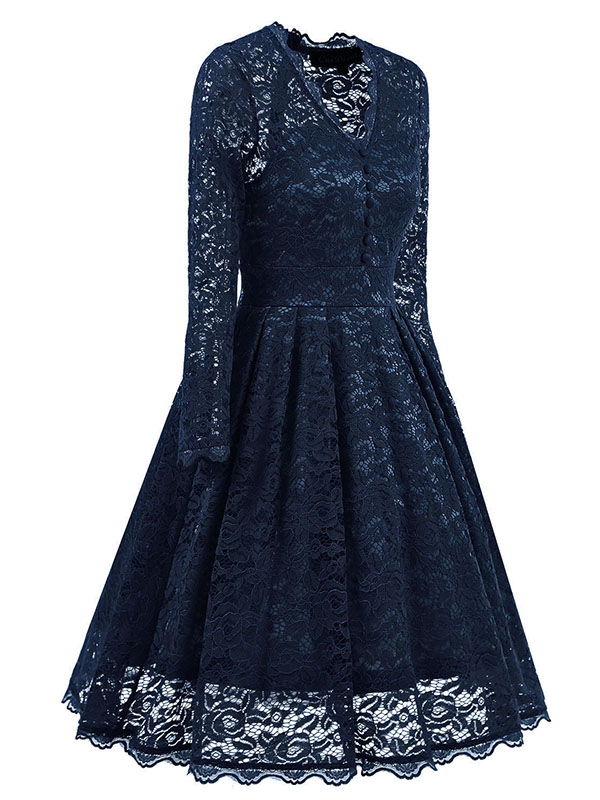 Dark Blue Fashion Lace Trim Patchwork Dress