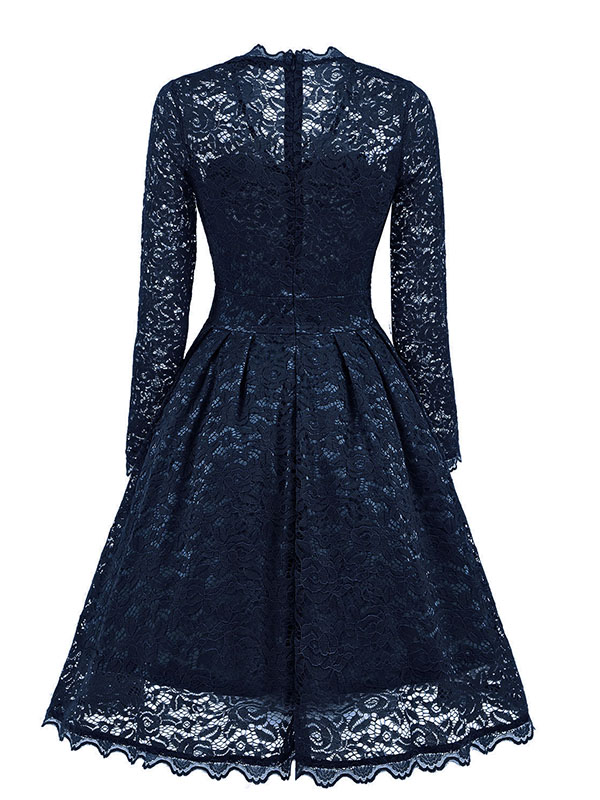 Dark Blue Fashion Lace Trim Patchwork Dress