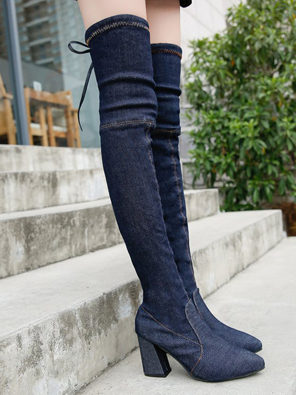 Dark Blue Over Knee High Heel Jeans Boots