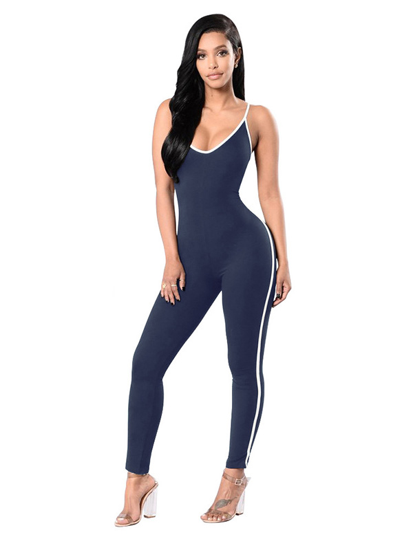 Dark Blue Polyester Striped Skinny Jumpsuits