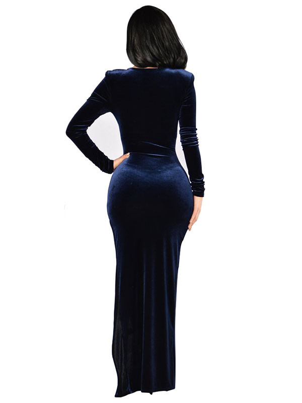 Dark Blue Sexy Long Sleeves Side Split Dress 