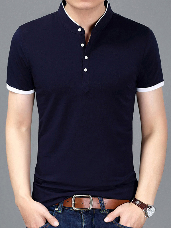 Dark Blue Short Sleeve Mandarin Collar T-Shirts