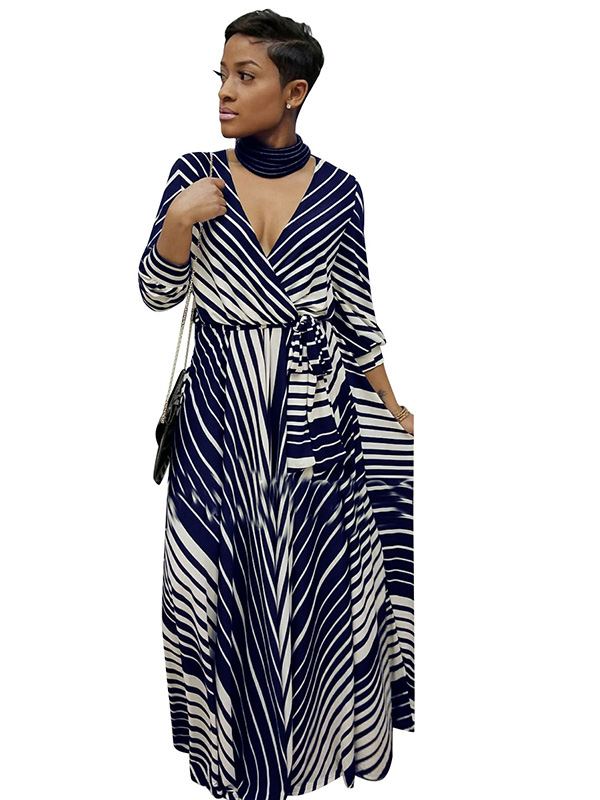 Dark Blue Stripe Printed Ankle Length Casual Dress